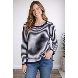 LOFT Womens Small Sweater Navy White Striped Knit Crew Neck Lightweight EUC